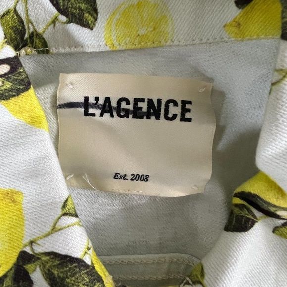 NWOT L'AGENCE Yellow Celine Lemon Print Stretch Cotton Trucker Jacket (S) - Picture 10 of 13
